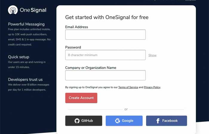 ابدأ مع OneSignal مجانًا عن طريق ملء نموذج لإنشاء حسابك