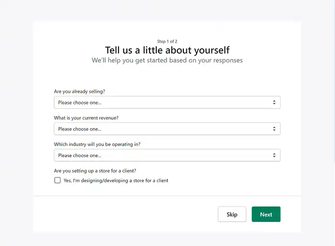 الصفحة الأولى للحصول على التفاصيل الشخصية في Shopify عملية التسجيل