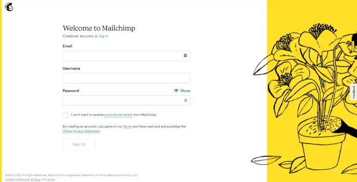 قم بالتسجيل في صفحة MailChimp