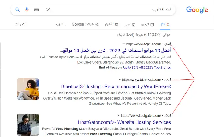 مثال Google AdWords في نتائج البحث