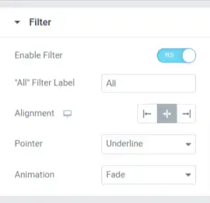 قسم Filter في علامة تبويب المحتوى في أداة معرض الفيديو